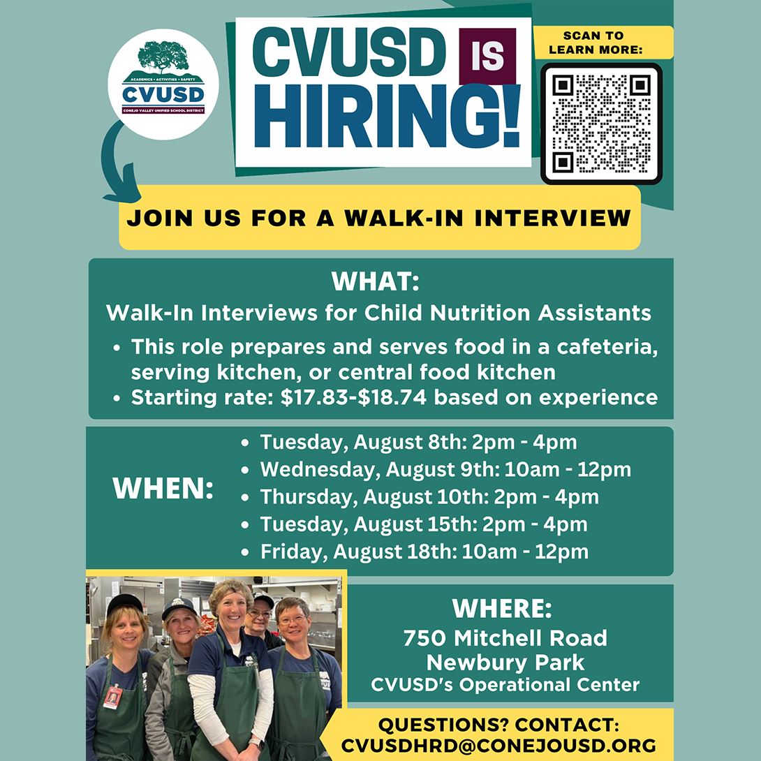  CVUSD is Hiring Child Nutrition Assistants - Join us for a Walk-In Interview!